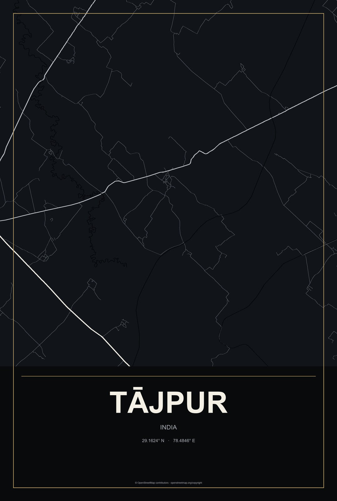 Tājpur, India City Map Aluminum Sign in Metropolitan Noir style
