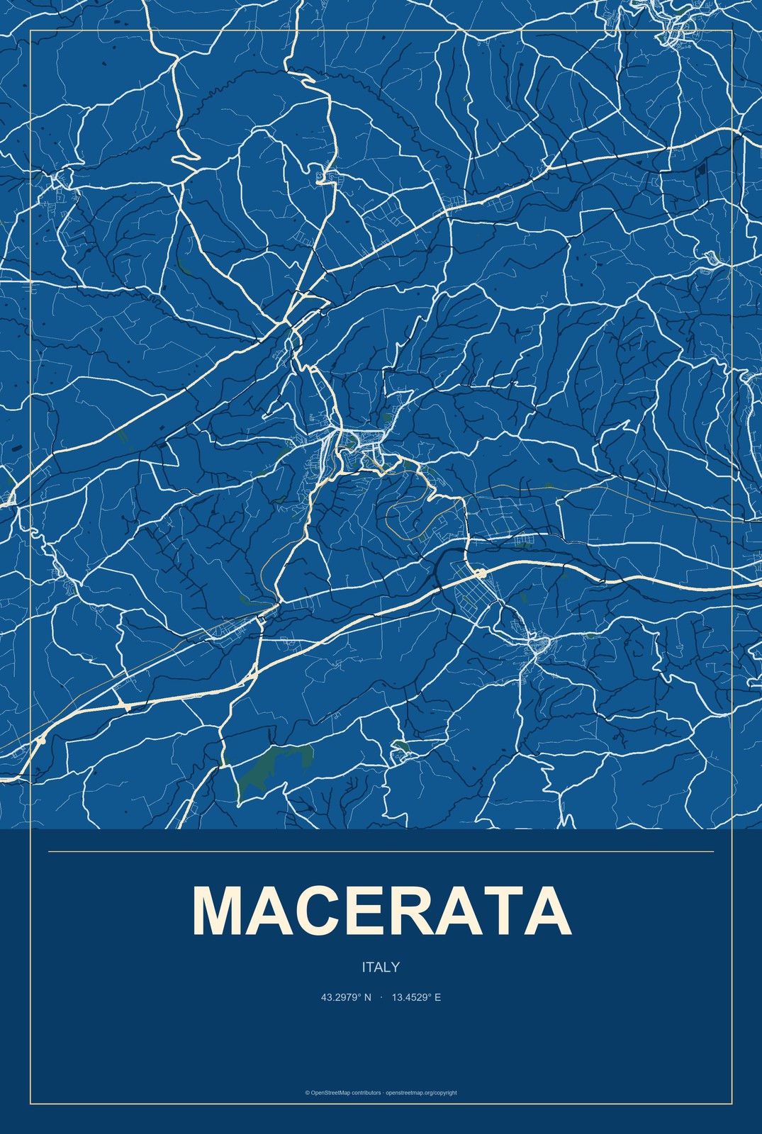 Macerata, Italy City Map Aluminum Sign in Harbor Cobalt style