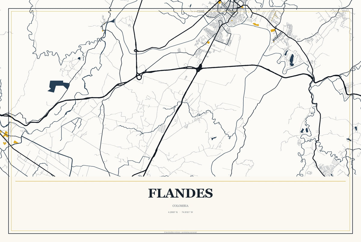 Flandes, Colombia City Map Aluminum Sign in Citrine Modern style
