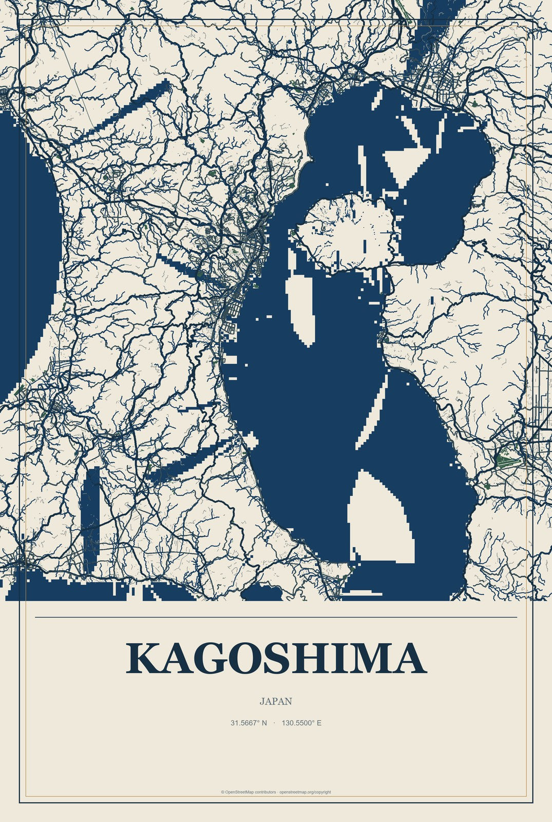 Kagoshima, Japan City Map Aluminum Sign in Coastal Cutout style