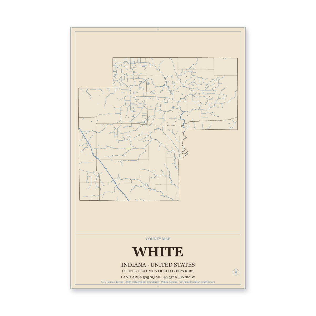 White County, Indiana Map Aluminum Sign in Heritage Nautical style