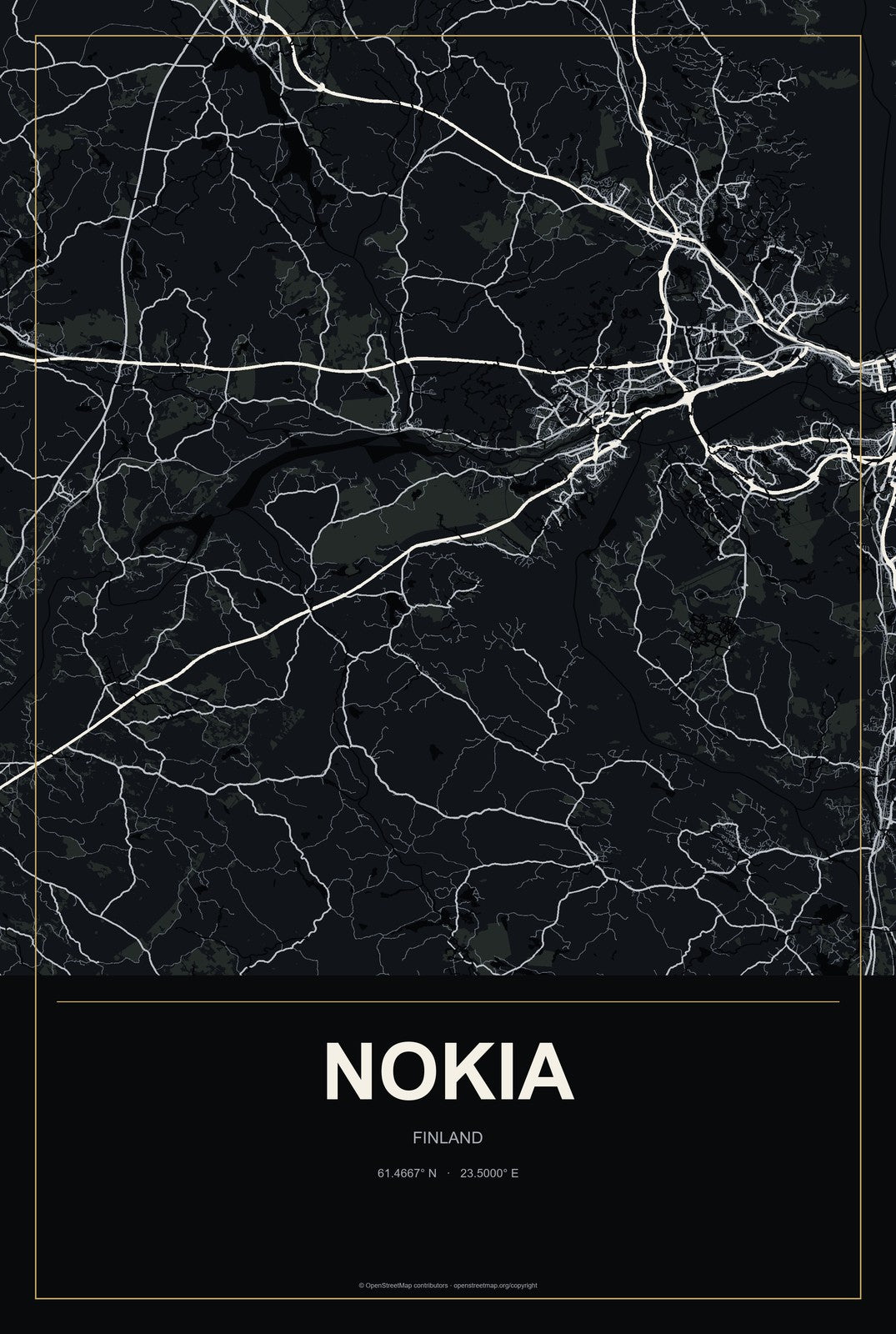 Nokia, Finland City Map Aluminum Sign in Metropolitan Noir style