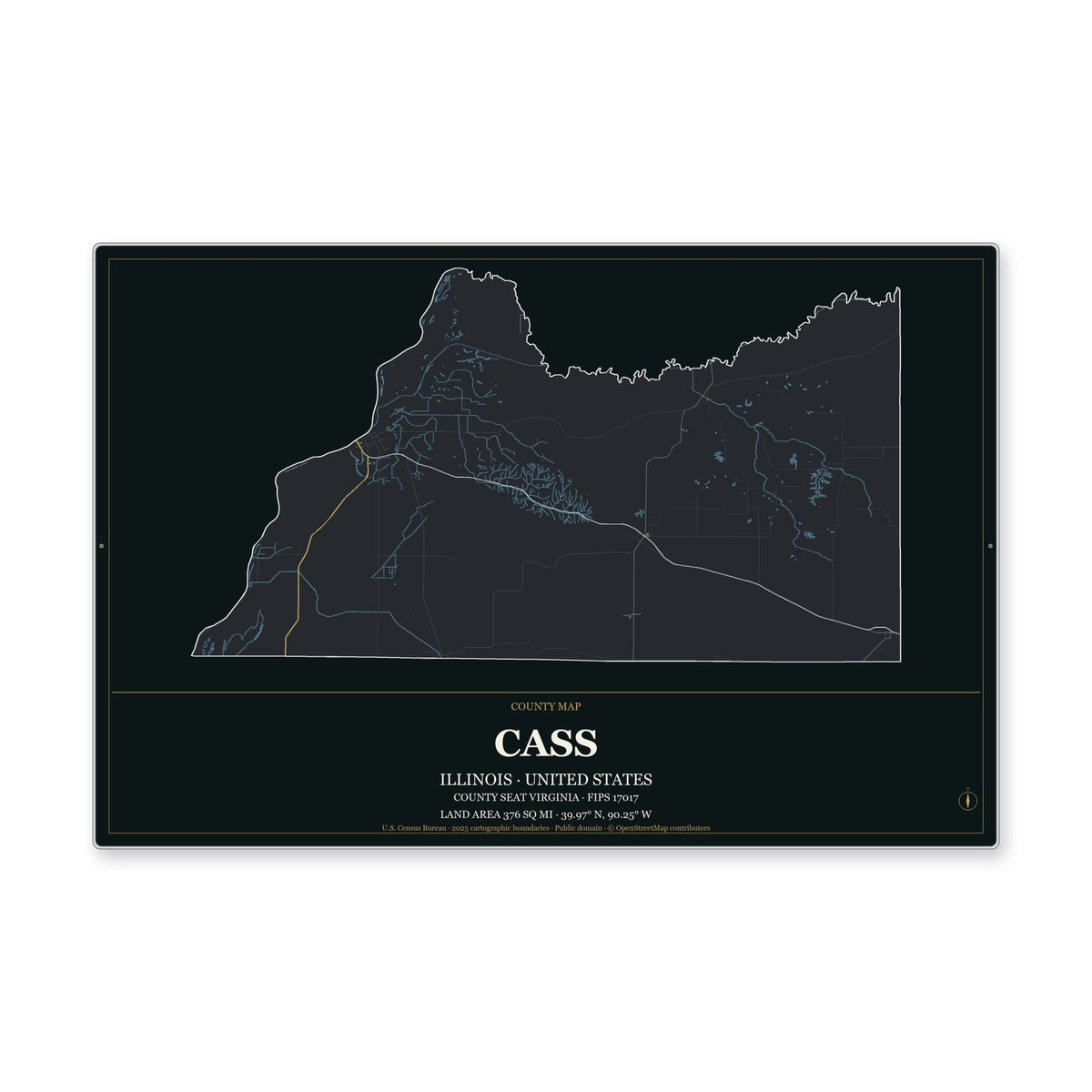 Cass County, Illinois Map Aluminum Sign in Metropolitan Noir style
