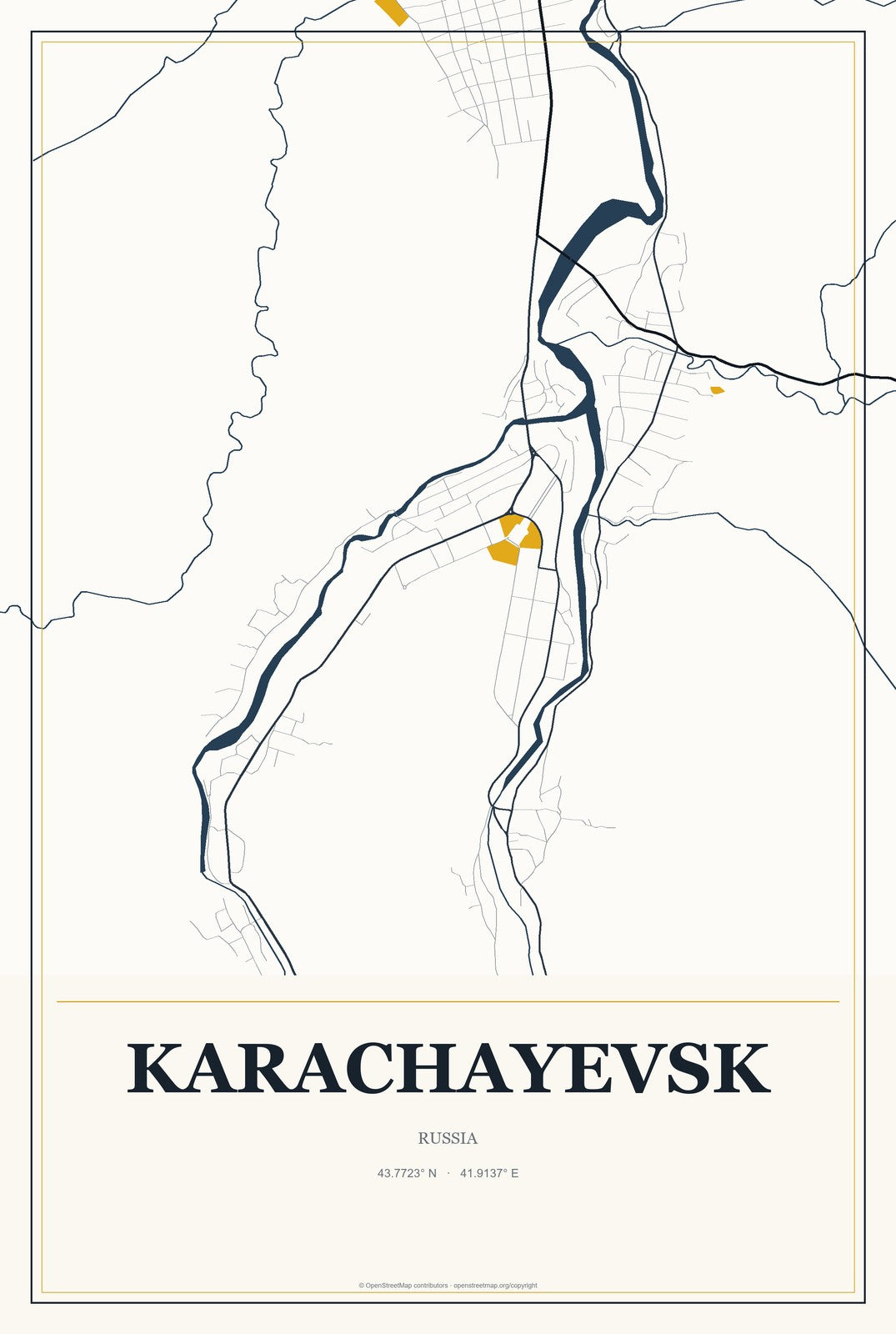 Karachayevsk, Russia City Map Aluminum Sign in Citrine Modern style