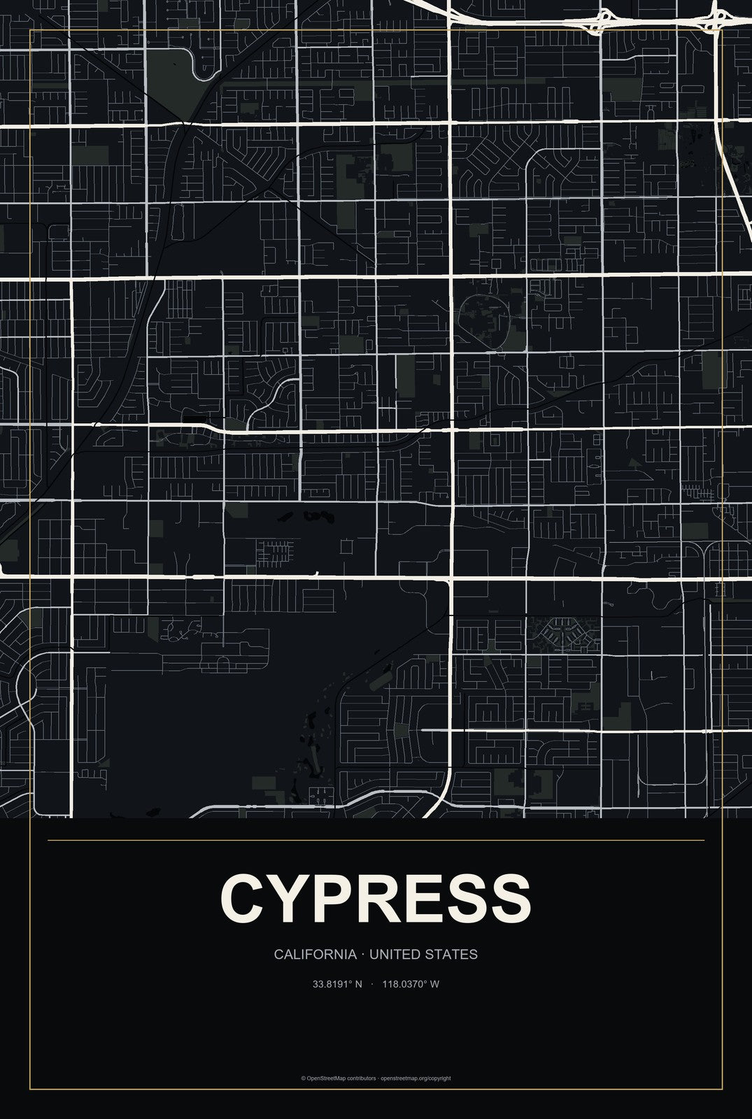 Cypress, California City Map Aluminum Sign in Metropolitan Noir style