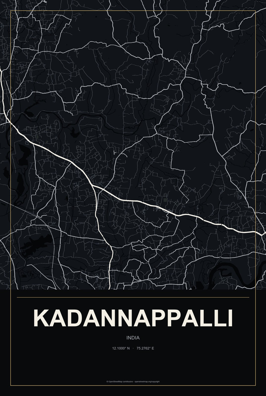 Kadannappalli, India City Map Aluminum Sign in Metropolitan Noir style