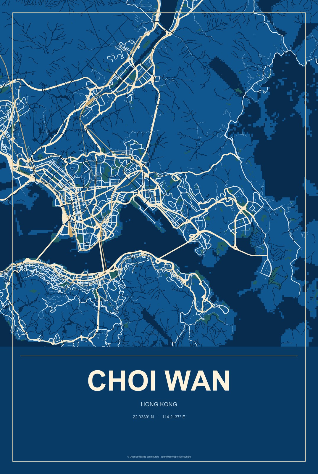 Choi Wan, Hong Kong City Map Aluminum Sign in Harbor Cobalt style