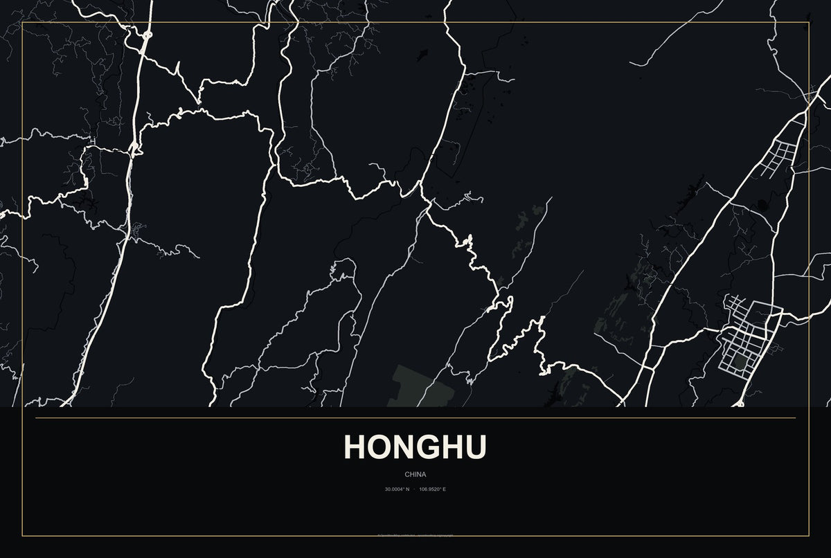 Honghu, China City Map Aluminum Sign in Metropolitan Noir style