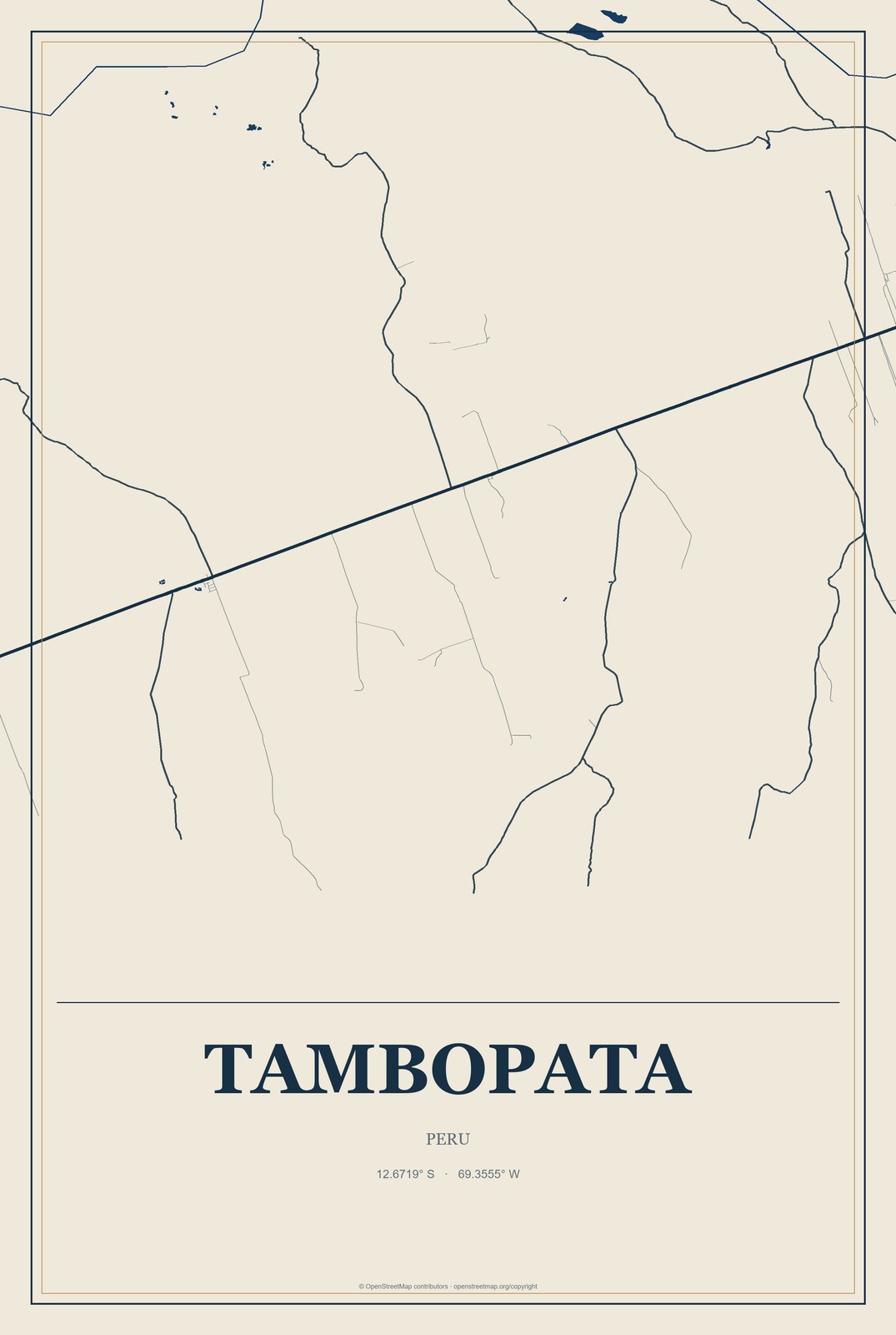 Tambopata, Peru City Map Aluminum Sign in Coastal Cutout style
