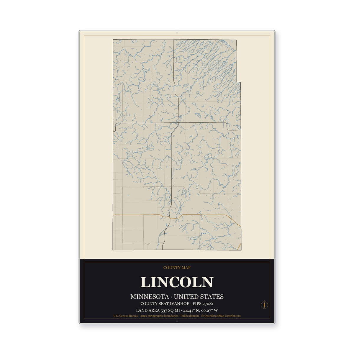 Lincoln County, Minnesota Map Aluminum Sign in Museum Plaque style
