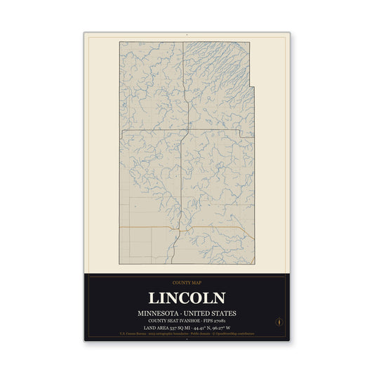 Lincoln County, Minnesota Map Aluminum Sign in Museum Plaque style