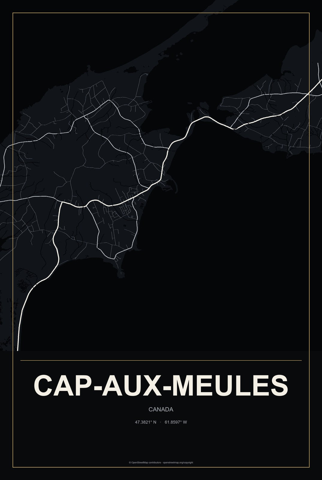 Cap-aux-Meules, Canada City Map Aluminum Sign in Metropolitan Noir style