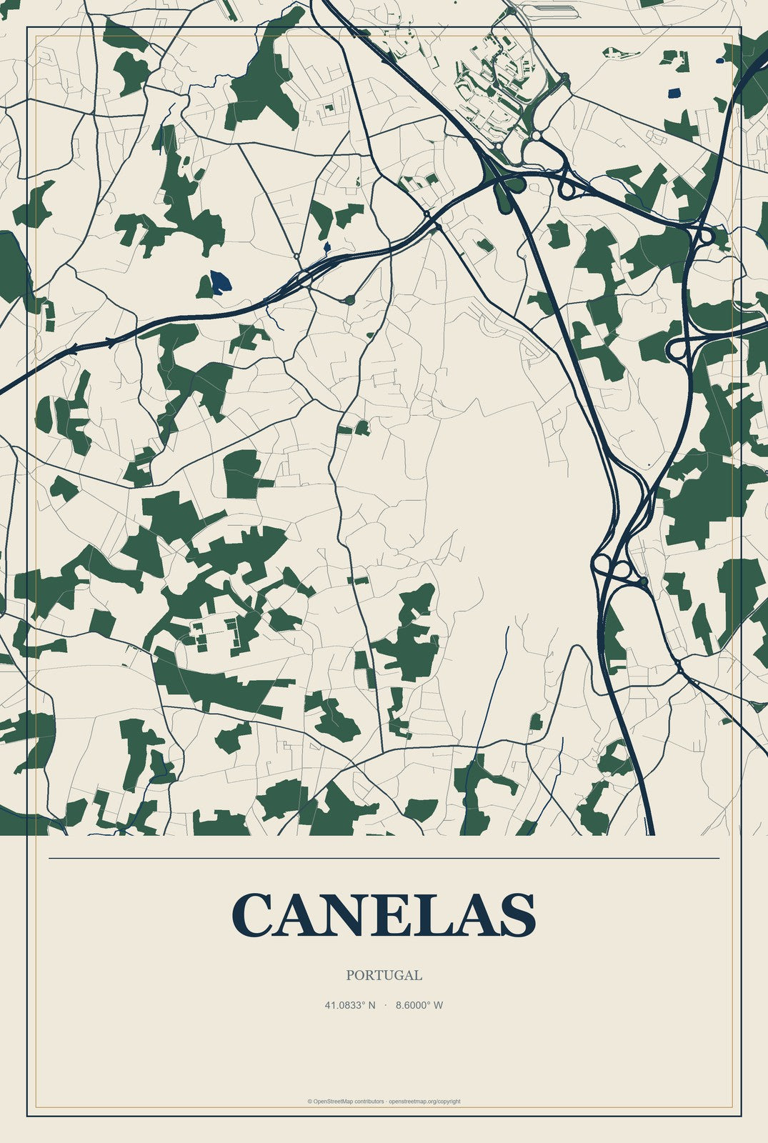 Canelas, Portugal City Map Aluminum Sign in Coastal Cutout style