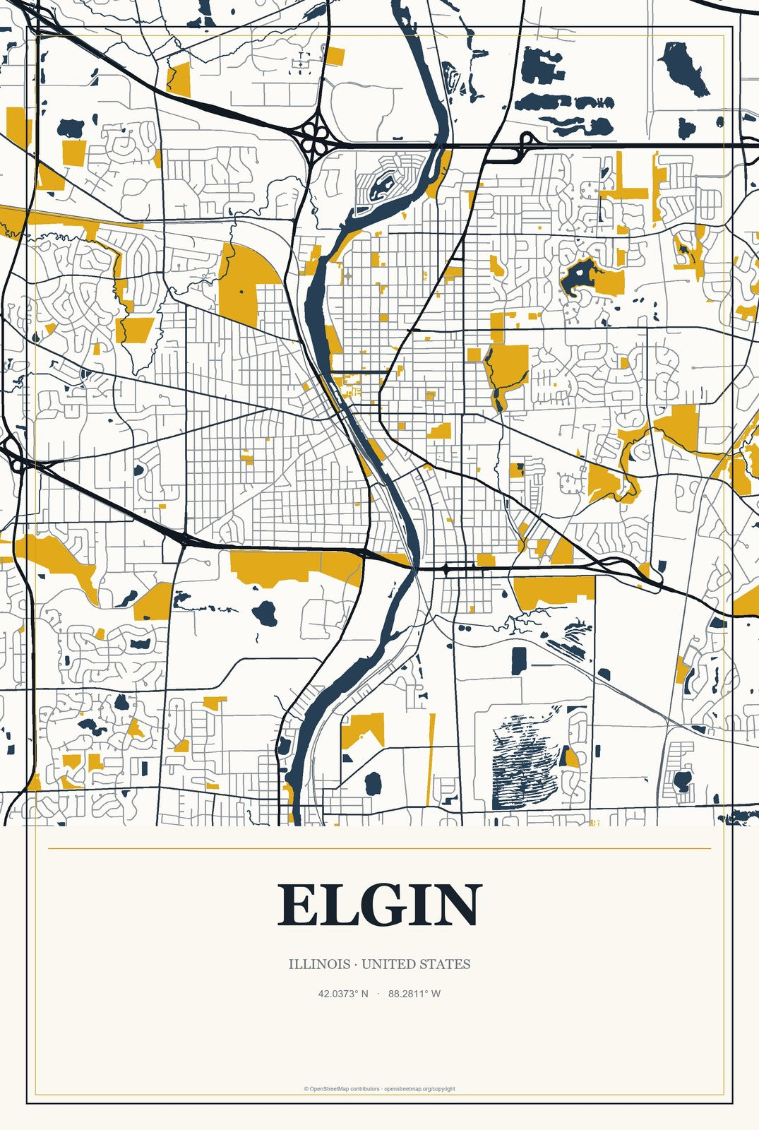 Elgin, Illinois City Map Aluminum Sign in Citrine Modern style