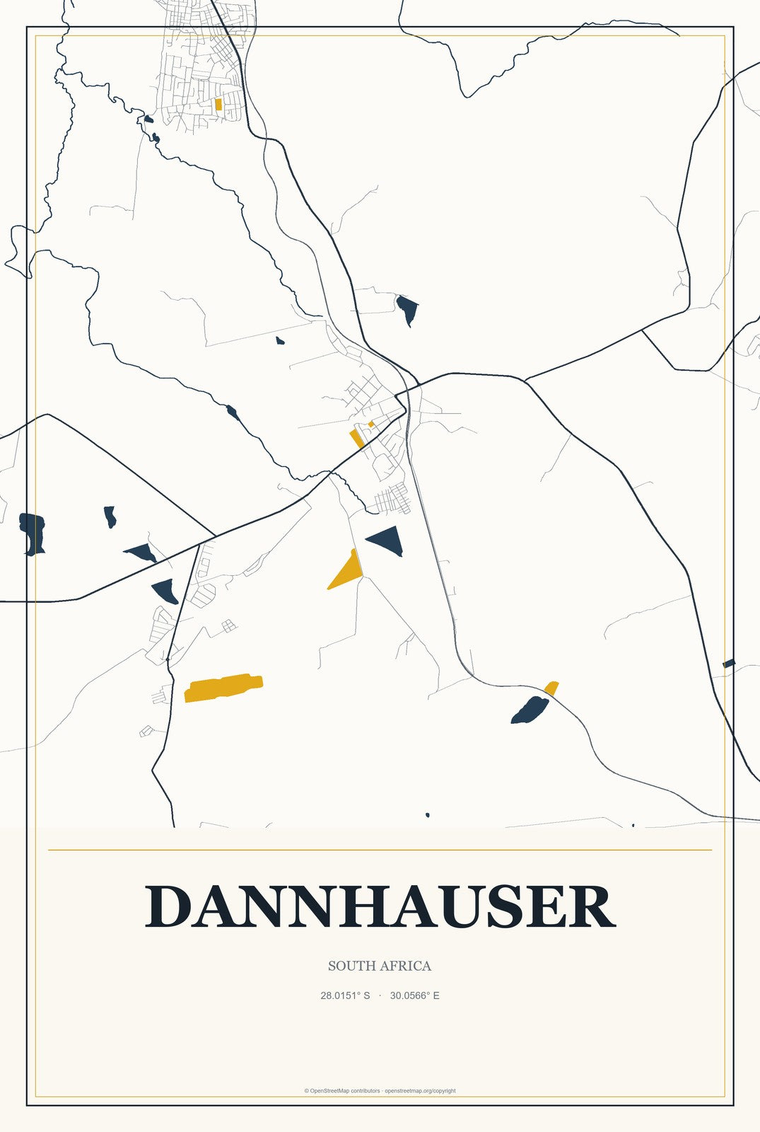 Dannhauser, South Africa City Map Aluminum Sign in Citrine Modern style