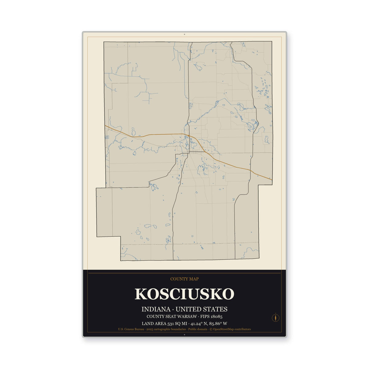 Kosciusko County, Indiana Map Aluminum Sign in Museum Plaque style