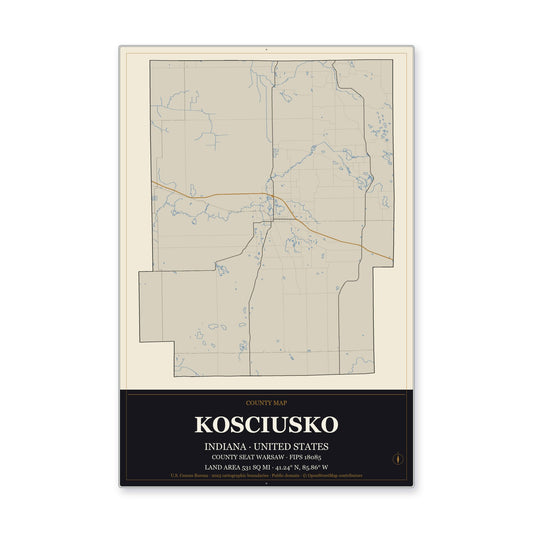 Kosciusko County, Indiana Map Aluminum Sign in Museum Plaque style