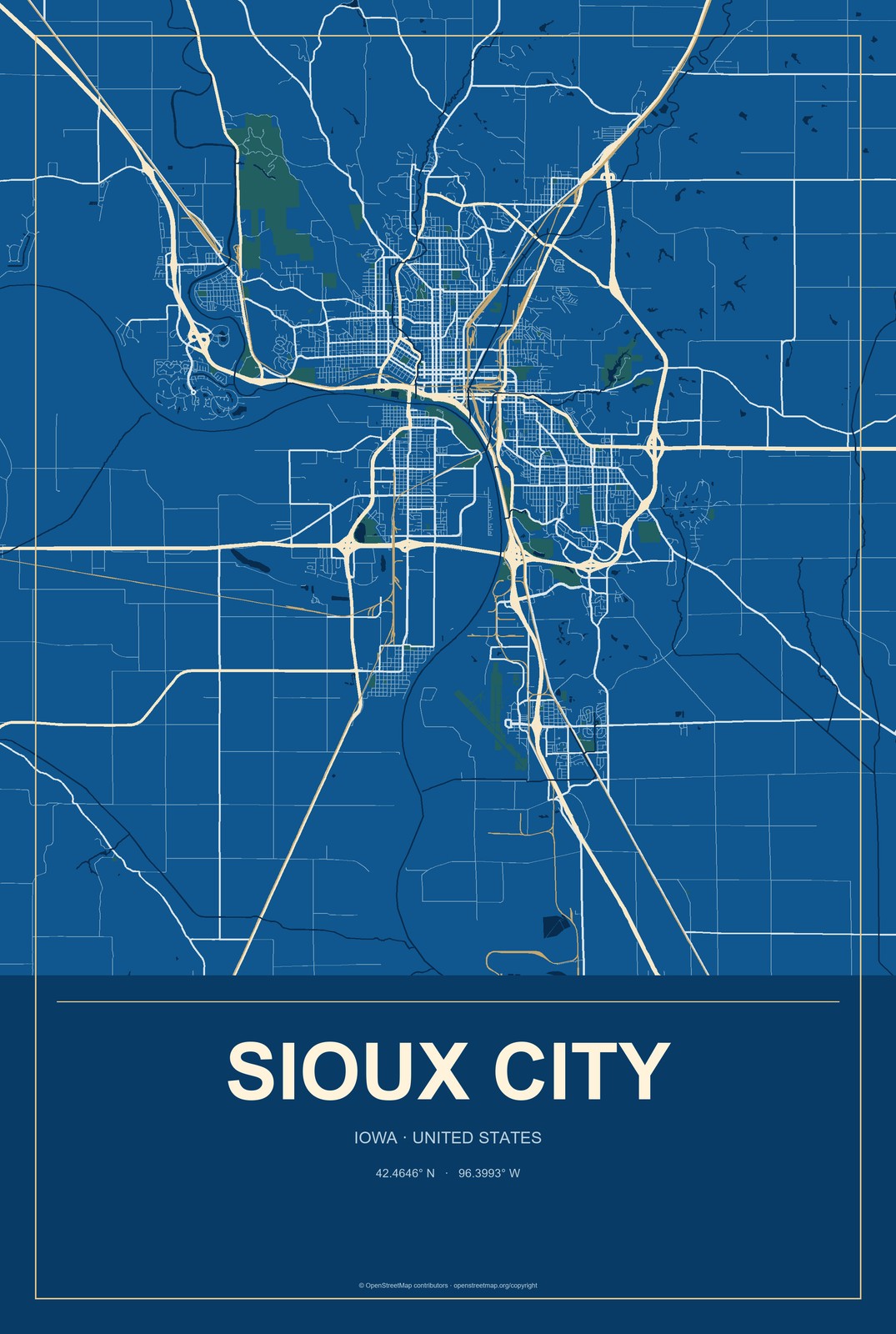 Sioux City, Iowa City Map Aluminum Sign in Harbor Cobalt style