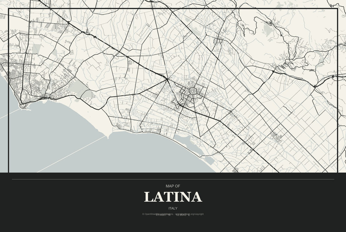 Latina, Italy City Map Aluminum Sign in Museum Plaque style