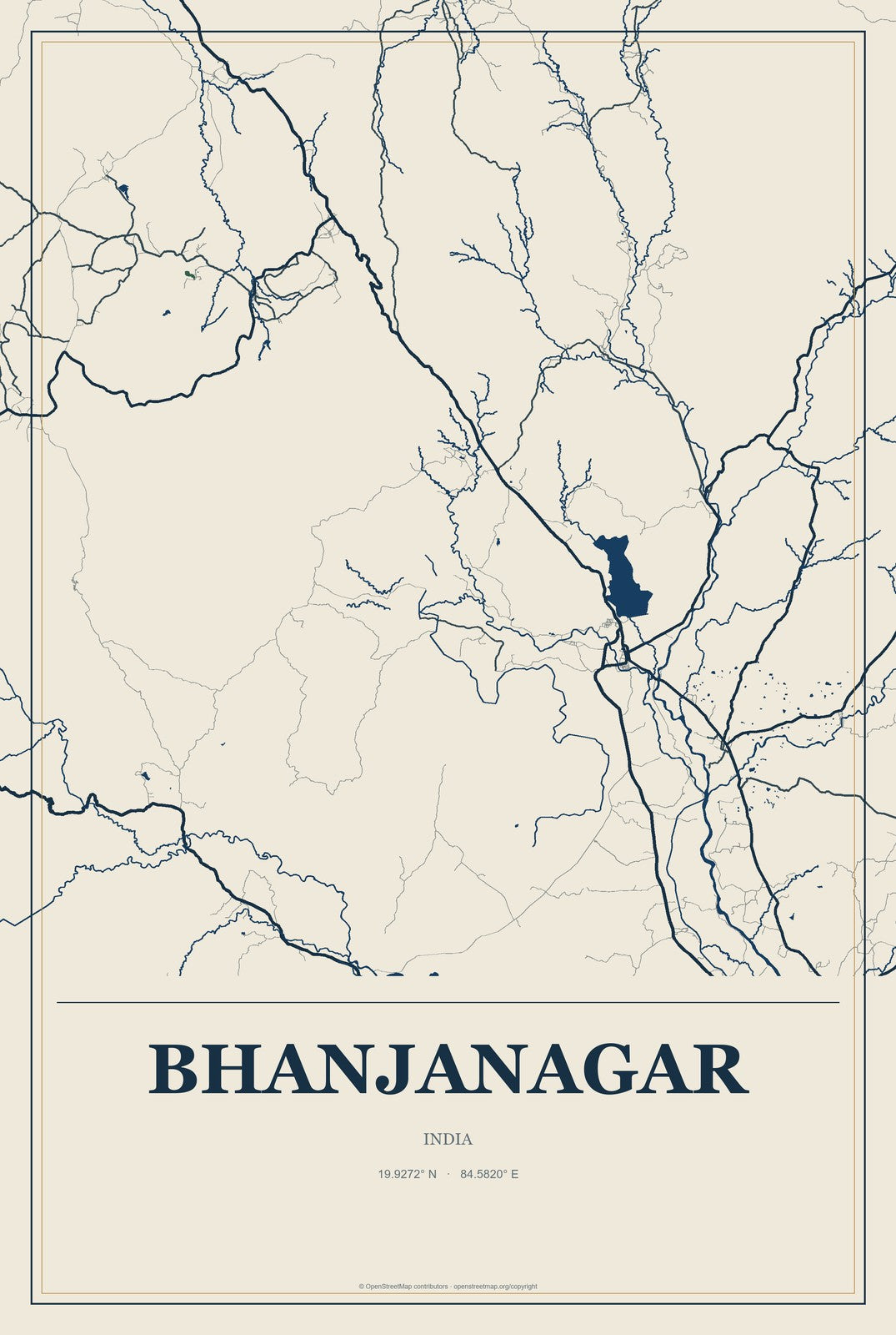 Bhanjanagar, India City Map Aluminum Sign in Coastal Cutout style