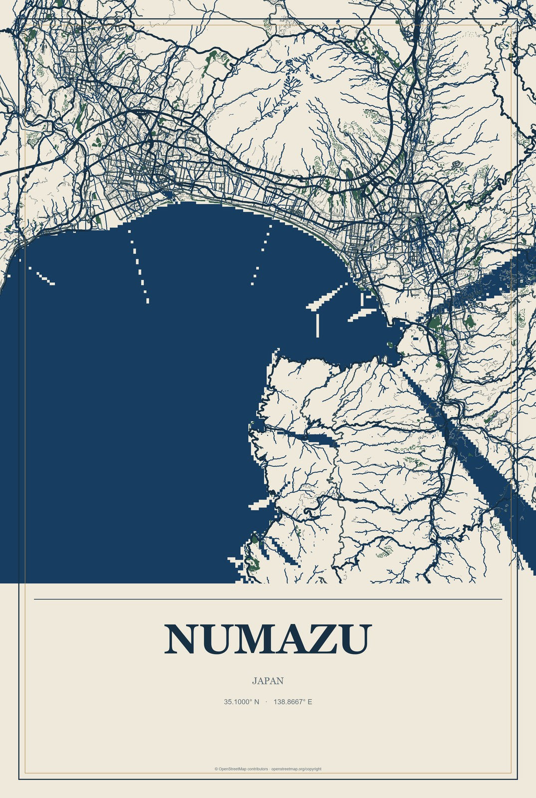 Numazu, Japan City Map Aluminum Sign in Coastal Cutout style