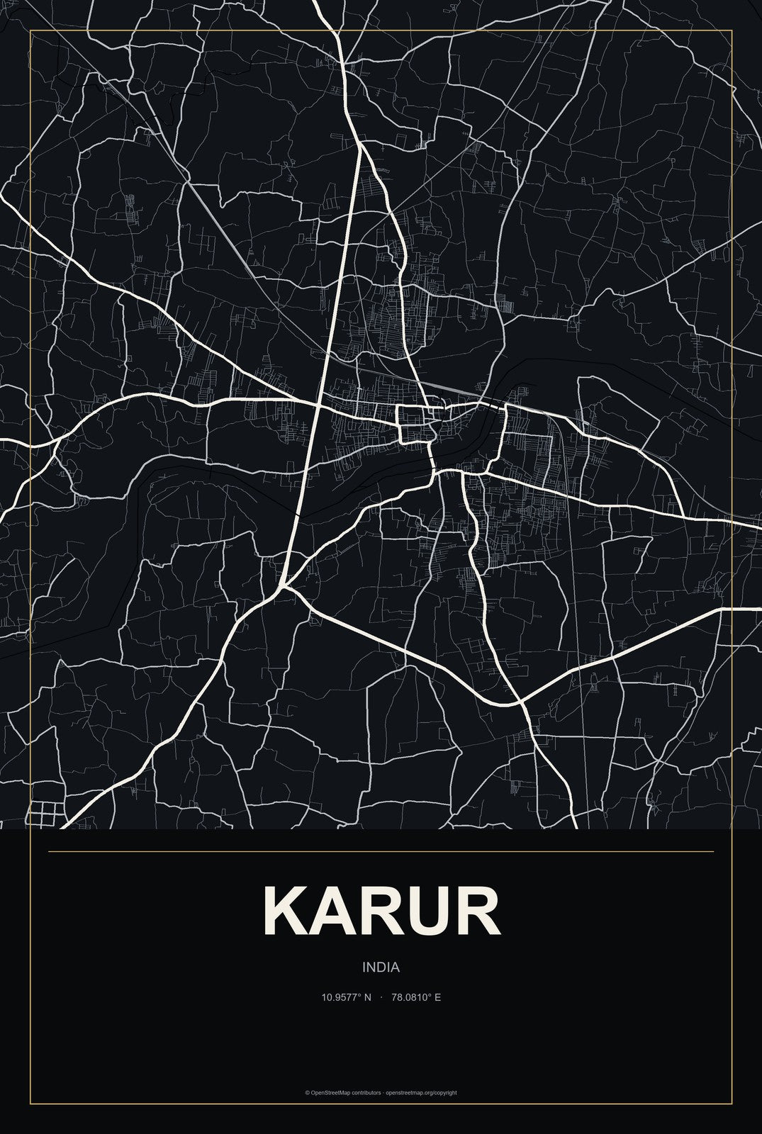 Karur, India City Map Aluminum Sign in Metropolitan Noir style
