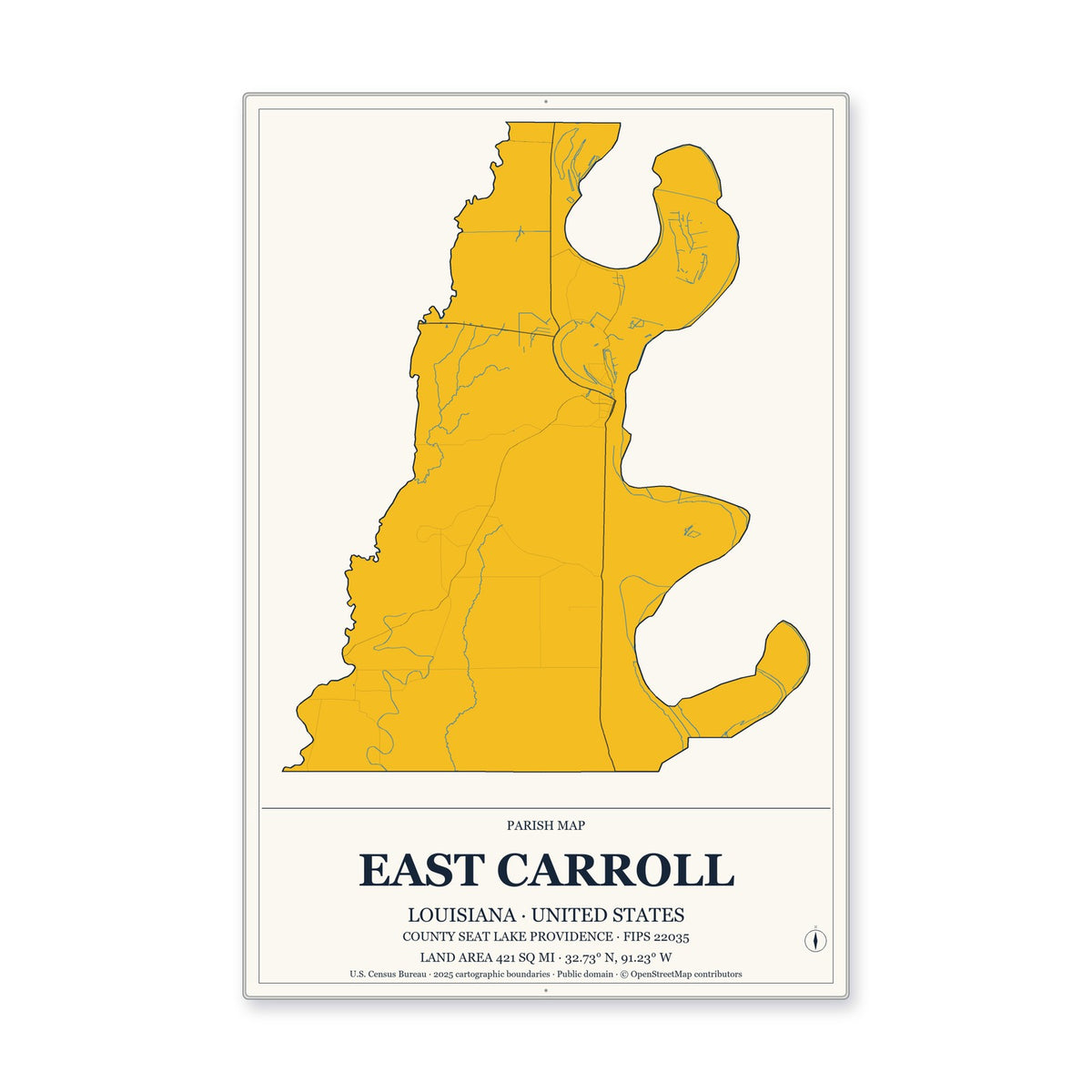 East Carroll Parish, Louisiana Map Aluminum Sign in Citrine Modern style