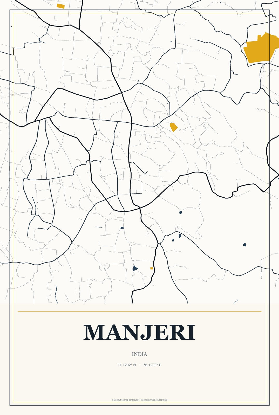 Manjeri, India City Map Aluminum Sign in Citrine Modern style