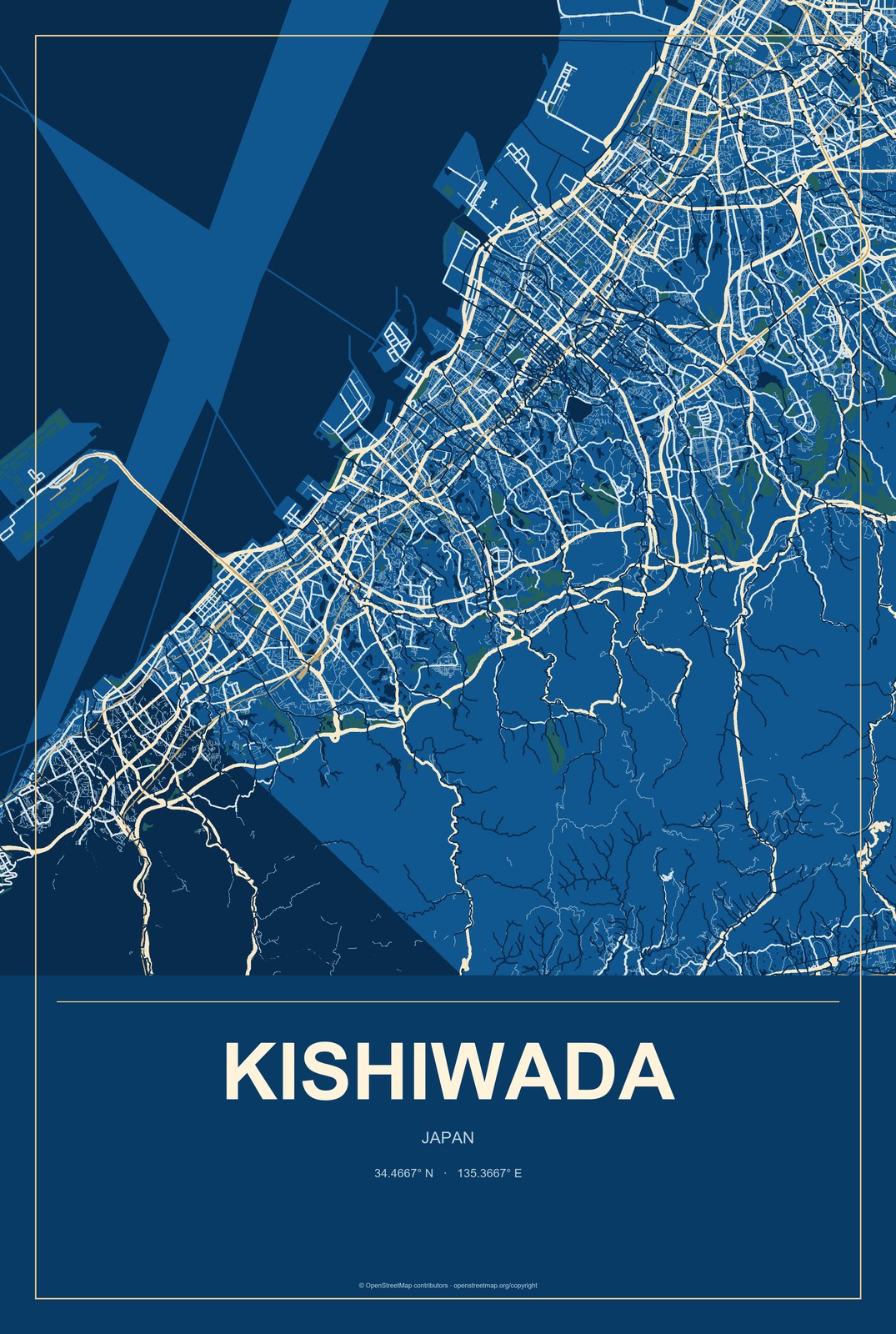 Kishiwada, Japan City Map Aluminum Sign in Harbor Cobalt style