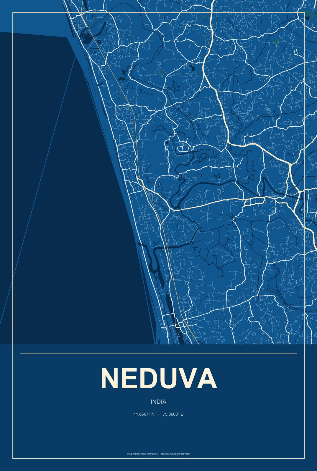 Neduva, India City Map Aluminum Sign in Harbor Cobalt style