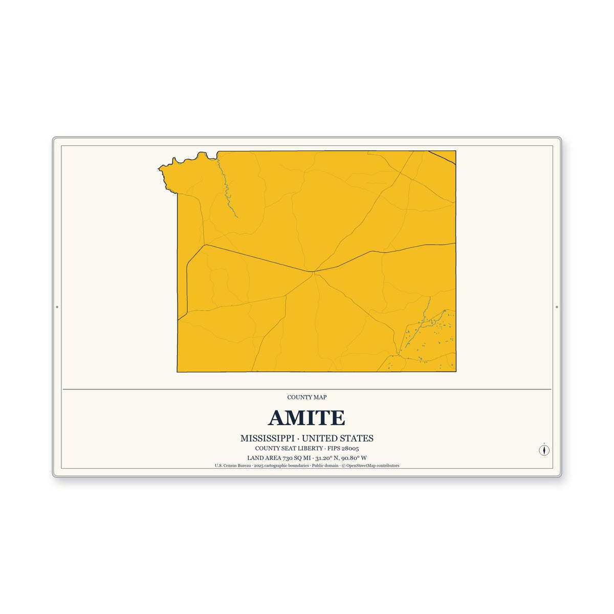 Amite County, Mississippi Map Aluminum Sign in Citrine Modern style