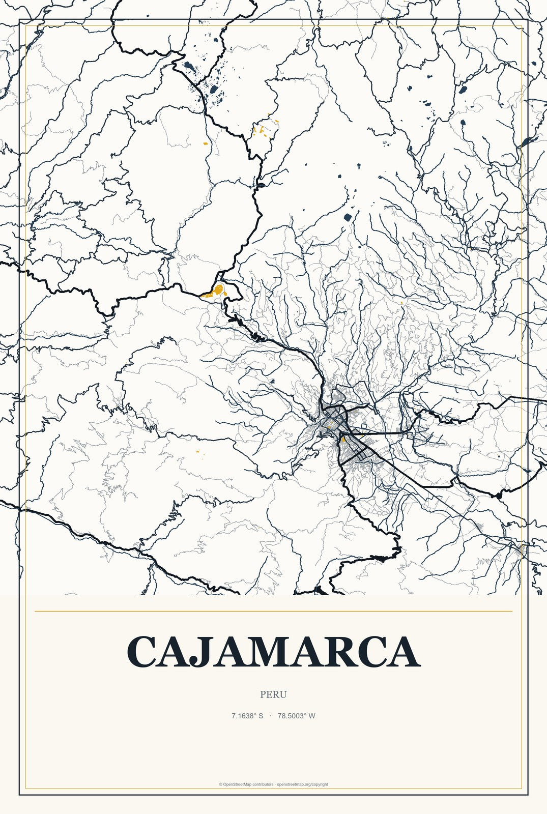 Cajamarca, Peru City Map Aluminum Sign in Citrine Modern style