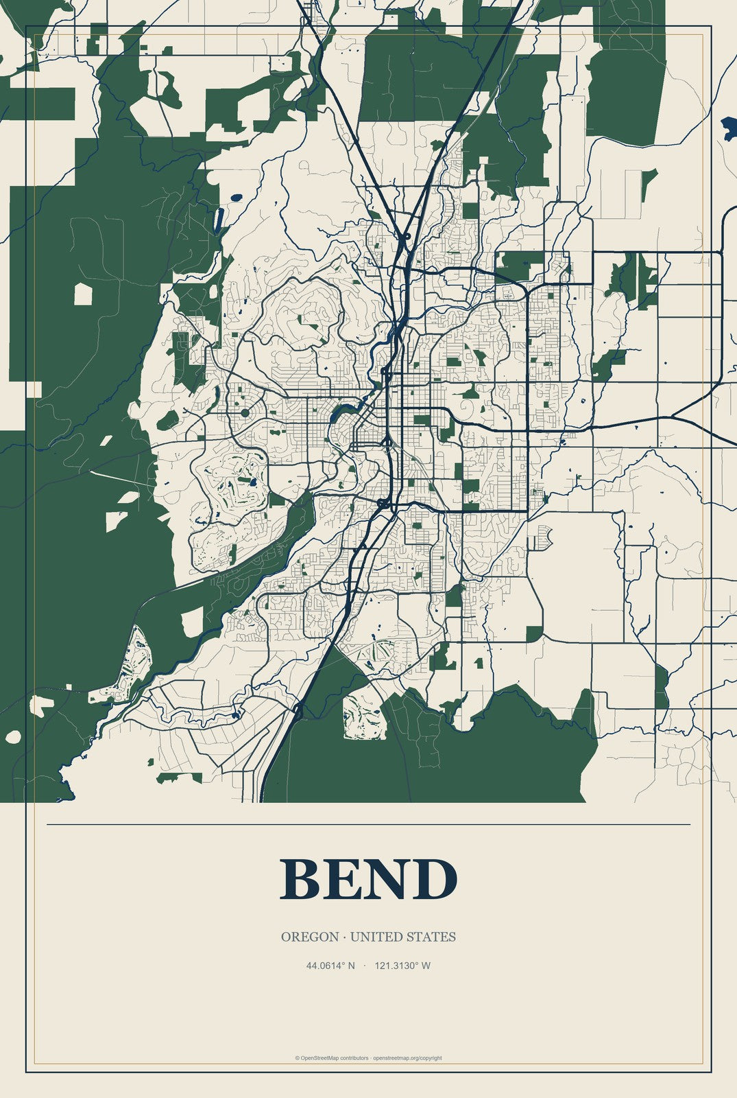 Bend, Oregon City Map Aluminum Sign in Coastal Cutout style
