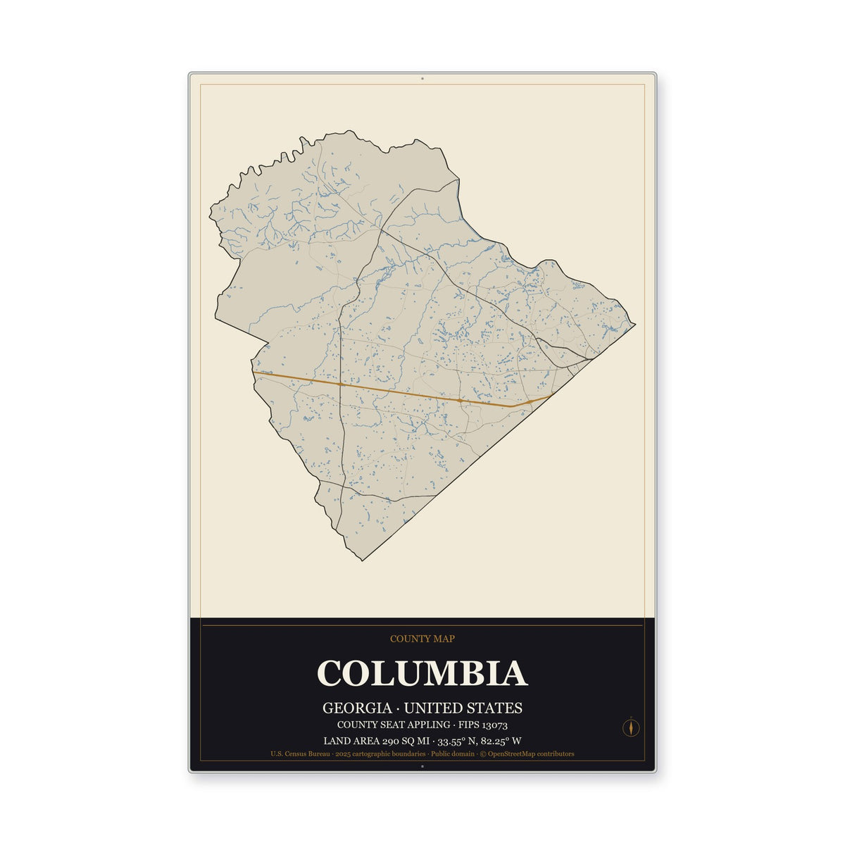 Columbia County, Georgia Map Aluminum Sign in Museum Plaque style
