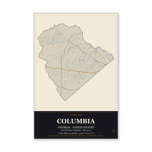 Columbia County, Georgia Map Aluminum Sign in Museum Plaque style