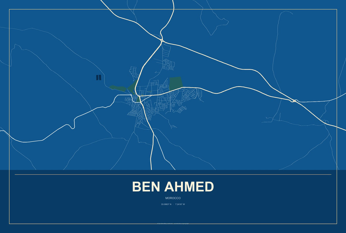 Ben Ahmed, Morocco City Map Aluminum Sign in Harbor Cobalt style