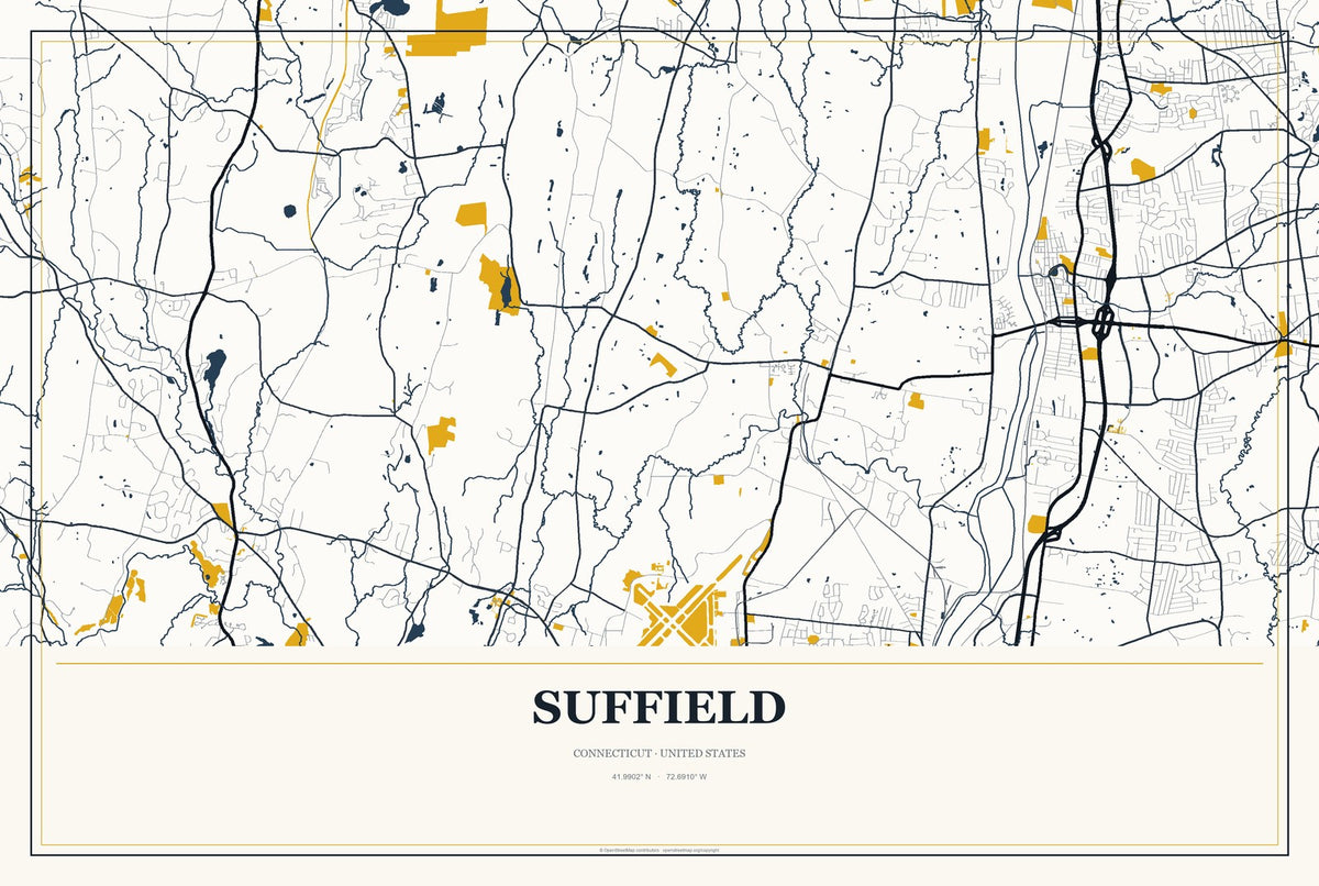 Suffield, Connecticut City Map Aluminum Sign in Citrine Modern style