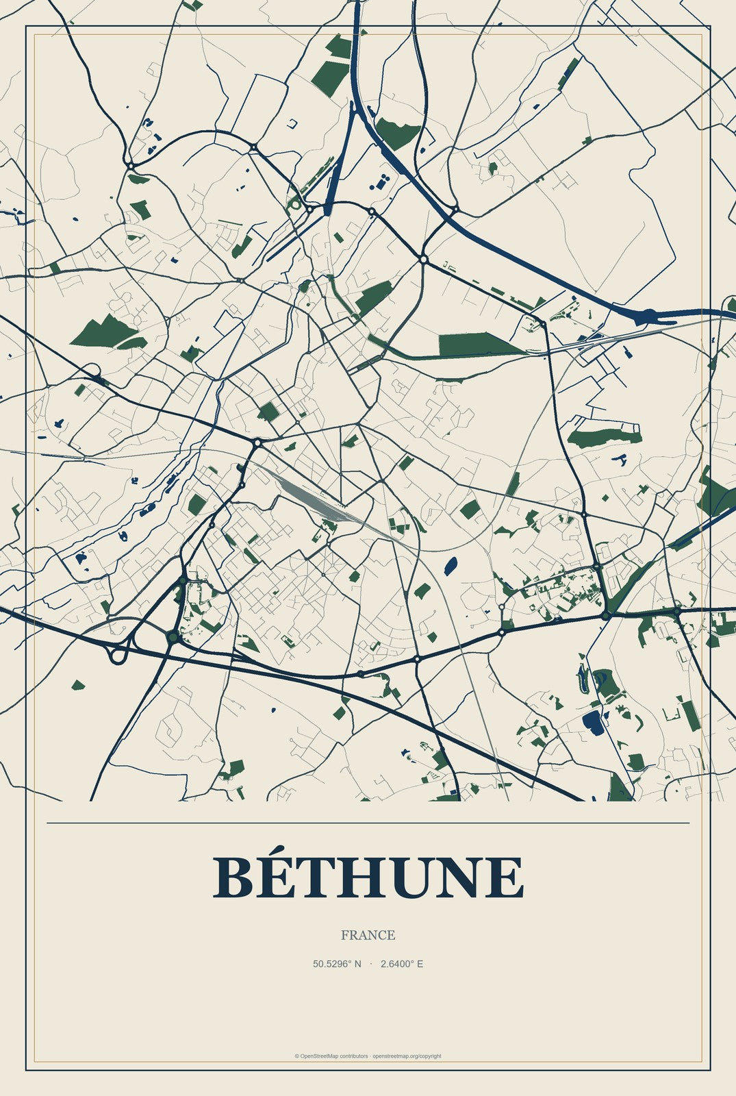 Béthune, France City Map Aluminum Sign in Coastal Cutout style