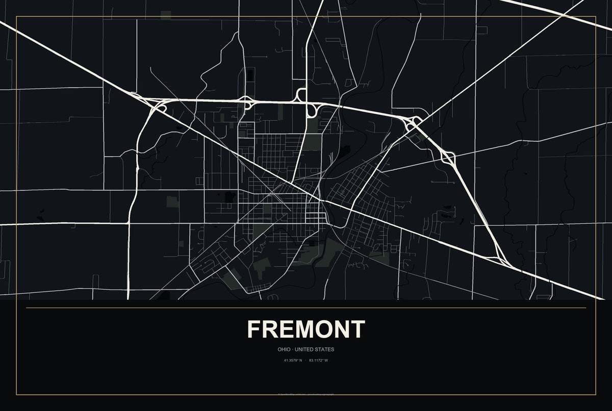 Fremont, Ohio City Map Aluminum Sign in Metropolitan Noir style
