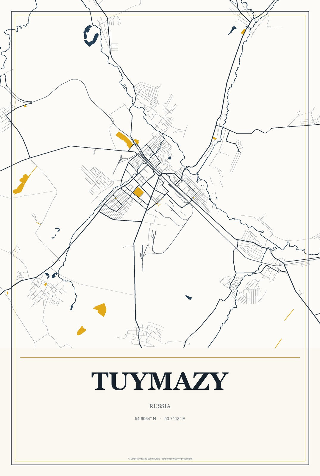 Tuymazy, Russia City Map Aluminum Sign in Citrine Modern style