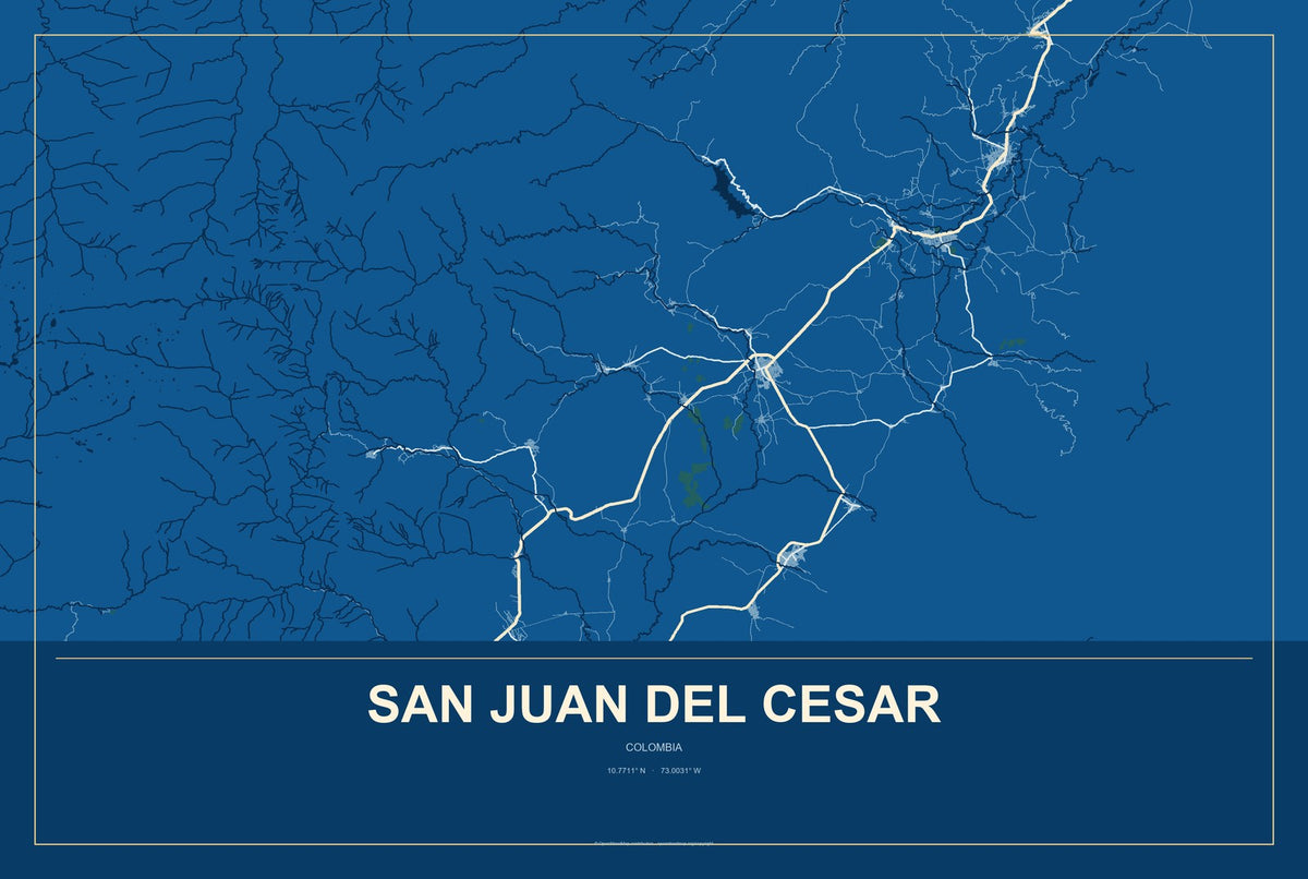 San Juan del Cesar, Colombia City Map Aluminum Sign in Harbor Cobalt style