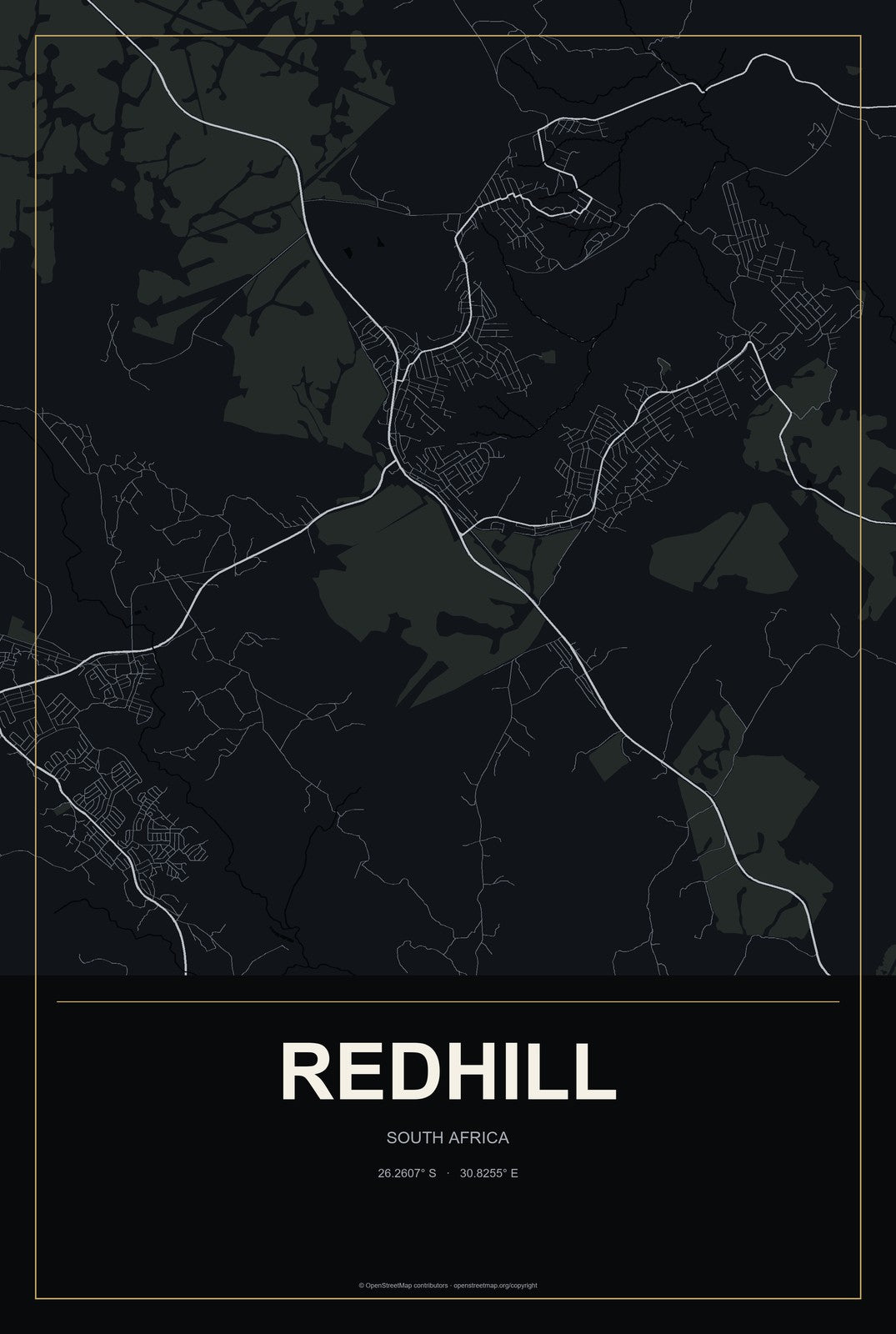 Redhill, South Africa City Map Aluminum Sign in Metropolitan Noir style
