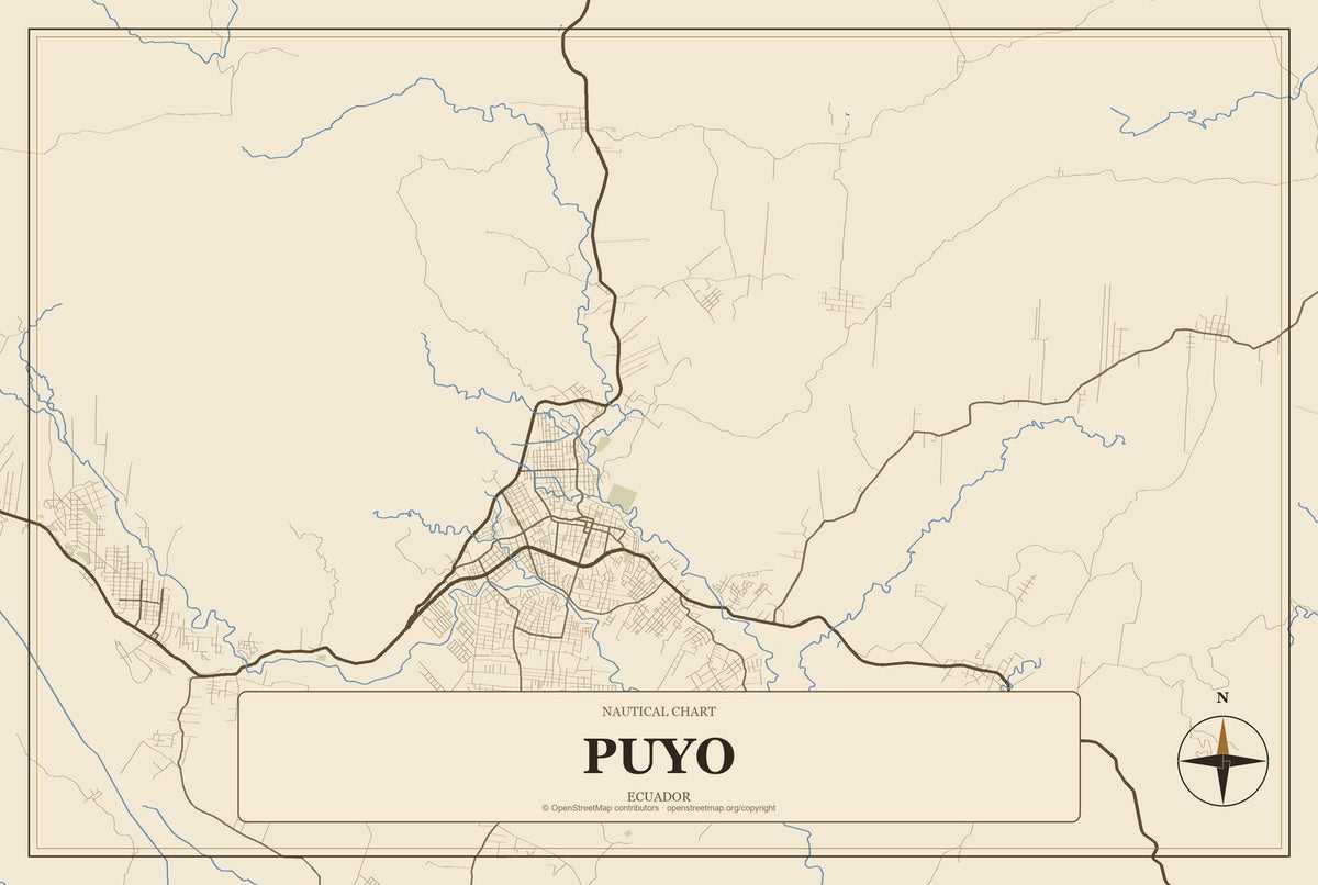 Puyo, Ecuador City Map Aluminum Sign in Heritage Nautical style