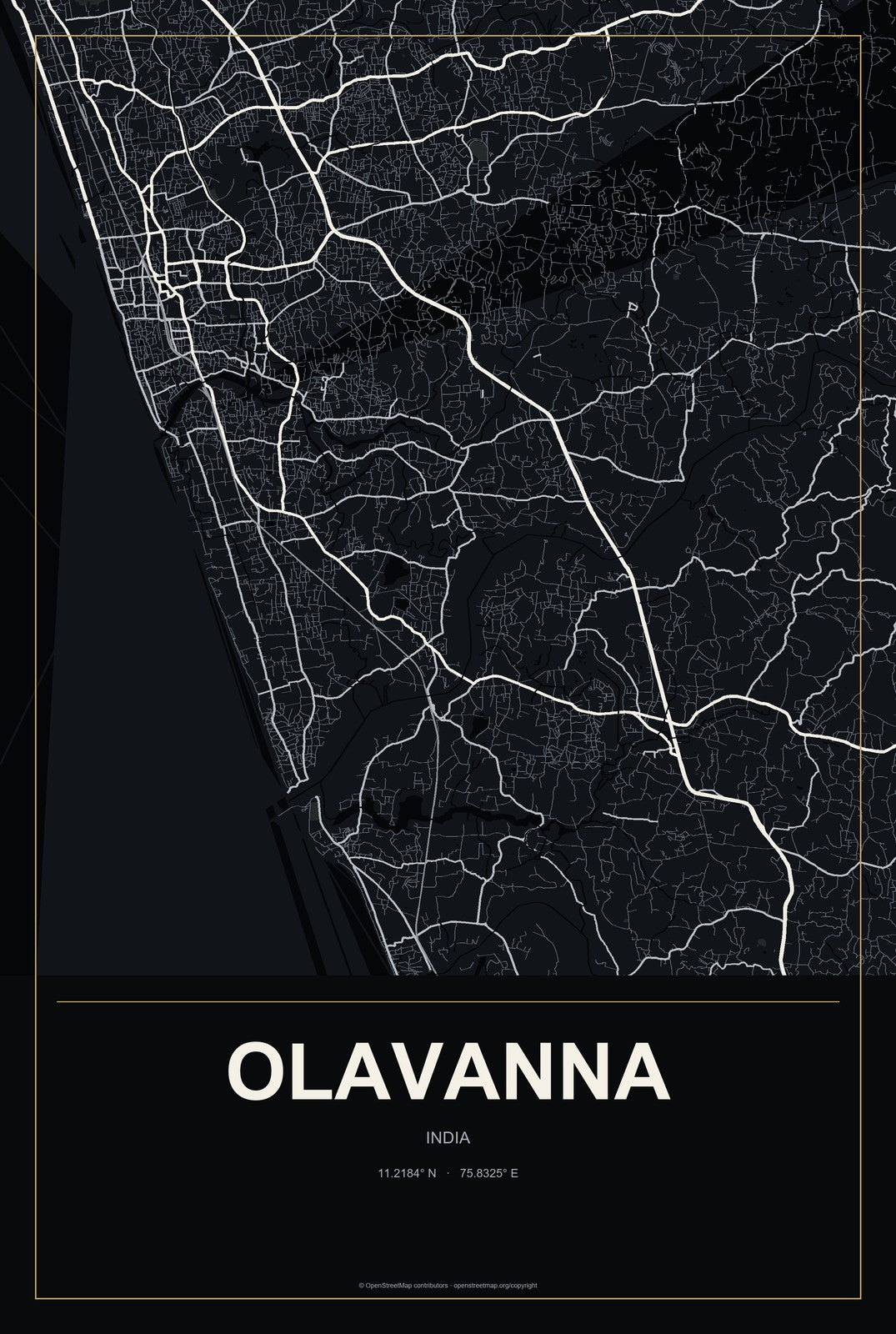 Olavanna, India City Map Aluminum Sign in Metropolitan Noir style