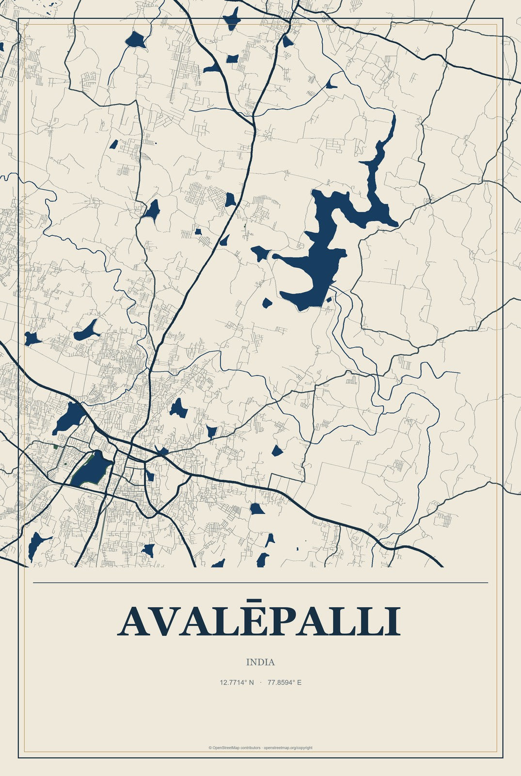 Avalēpalli, India City Map Aluminum Sign in Coastal Cutout style