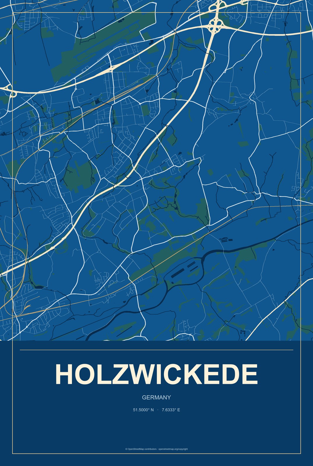 Holzwickede, Germany City Map Aluminum Sign in Harbor Cobalt style