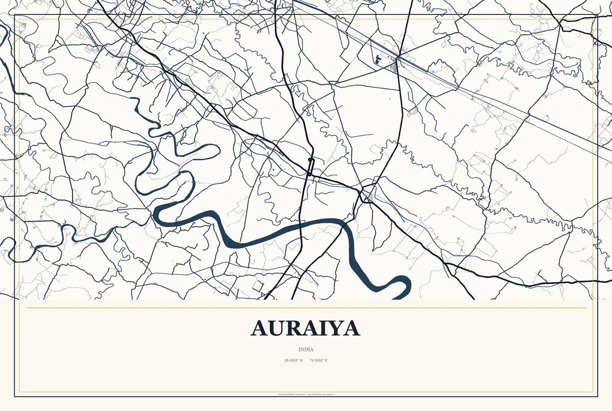 Auraiya, India City Map Aluminum Sign in Citrine Modern style