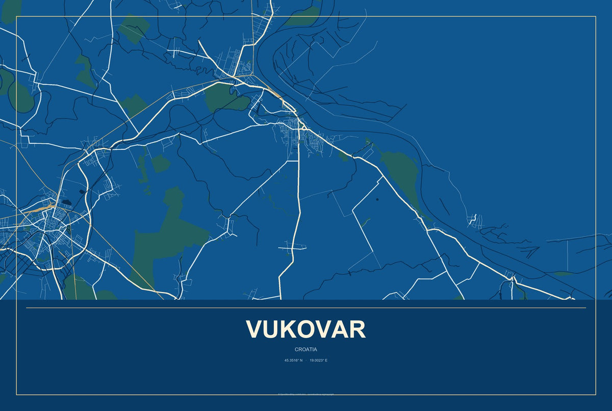 Vukovar, Croatia City Map Aluminum Sign in Harbor Cobalt style