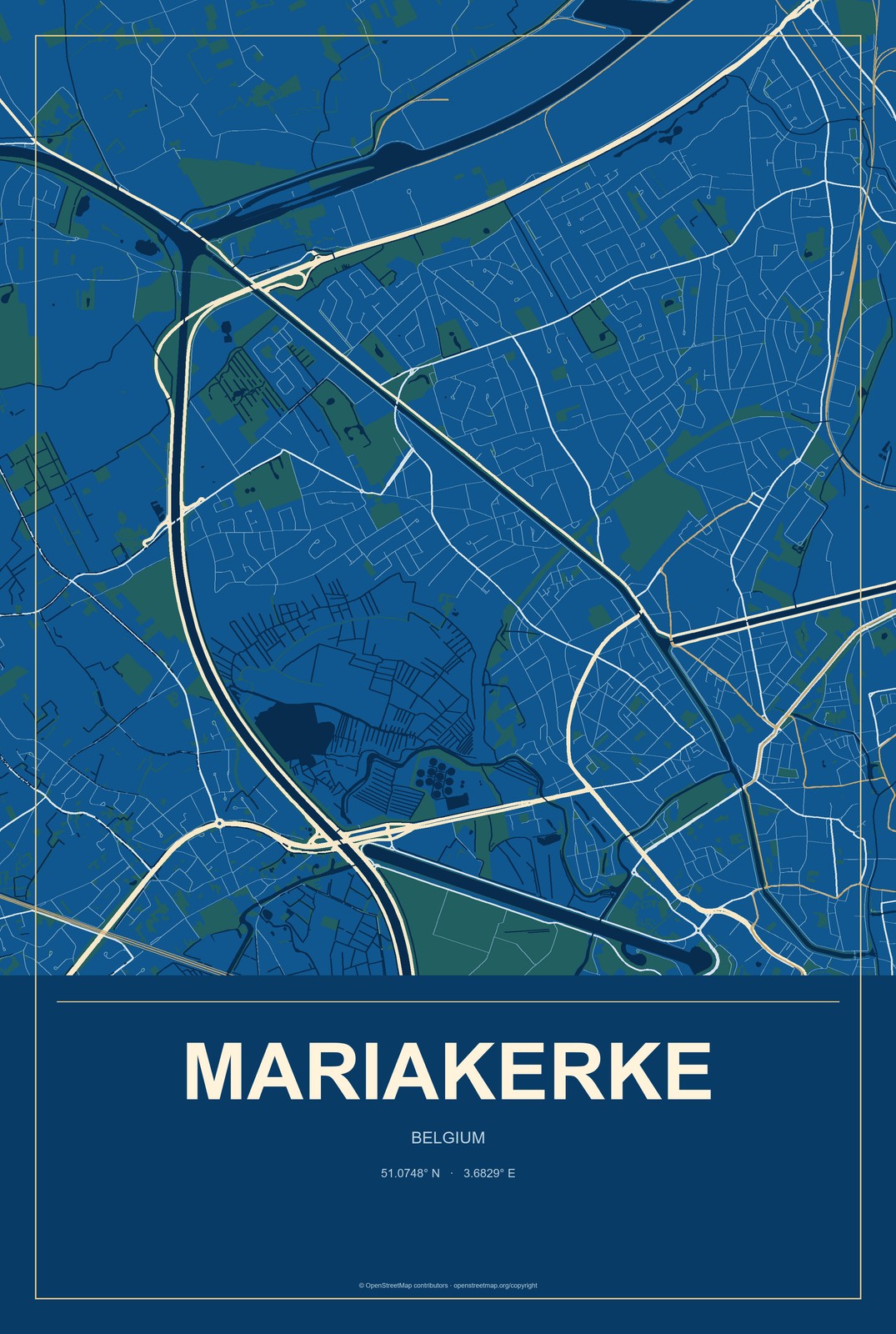 Mariakerke, Belgium City Map Aluminum Sign in Harbor Cobalt style