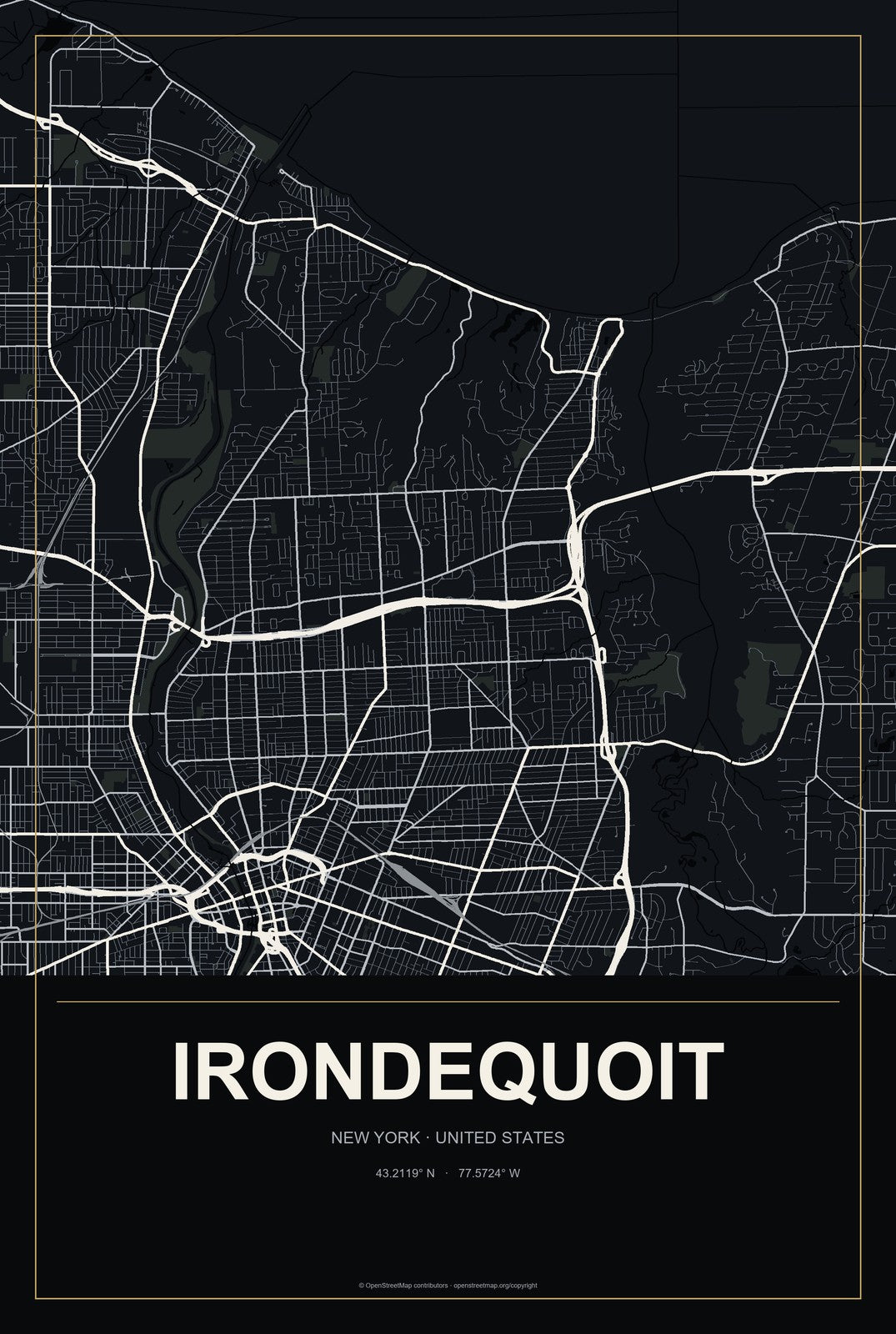 Irondequoit, New York City Map Aluminum Sign in Metropolitan Noir style